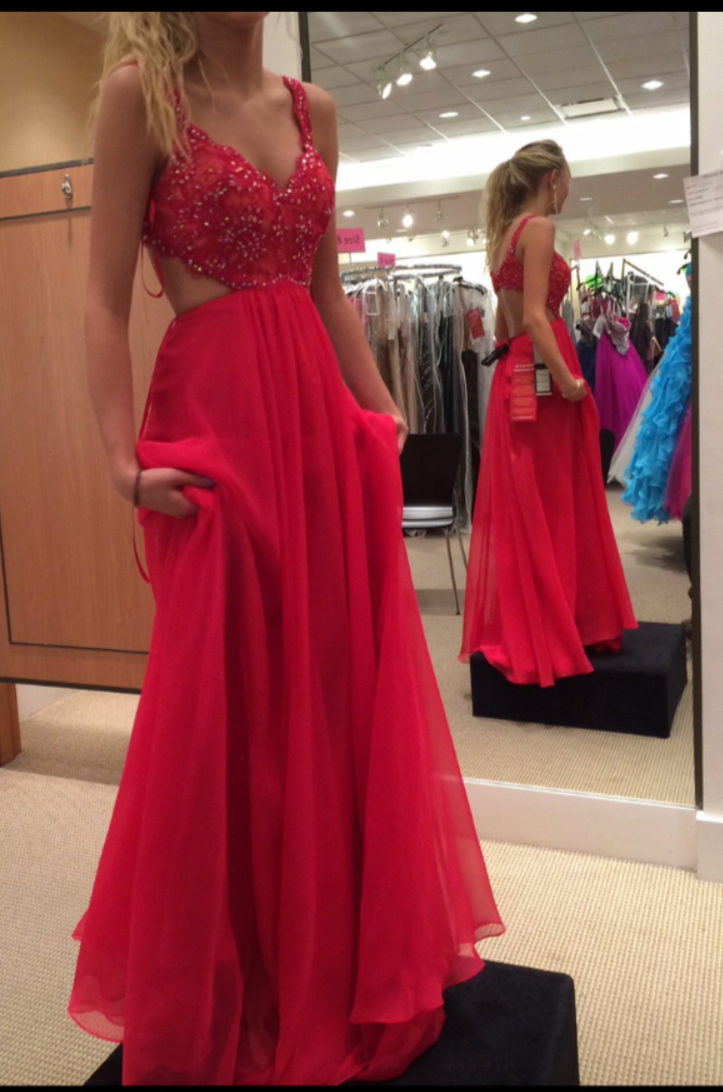 Spaghetti Strap Red Chiffon Prom Dress,Open Back Long Prom Dress,2016